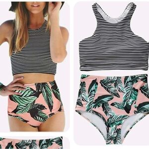 Mansy Women’s 2PCS Strip High Waisted Bikini Swimsuit US XL NEW